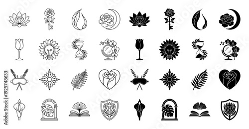 Collection of minimalist hybrid botanical icons merging floral elements with symbolic objects like keys lightbulbs and hourglasses in line and solid styles