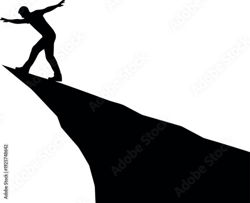 Silhouette of a person balancing on the edge of a cliff