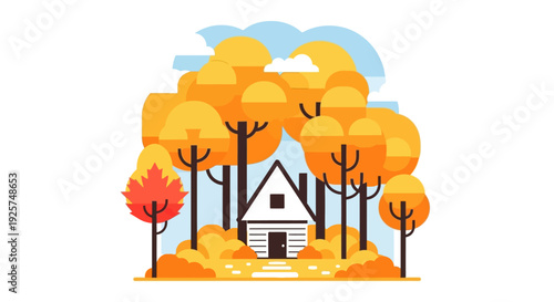 Cozy cabin nestled among vibrant autumn trees with colorful foliage and a bright blue sky.