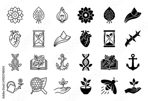Collection of hybrid nature and science icons featuring biological metaphors like a heart with roots a lightbulb sprout and dna strands with leaves
