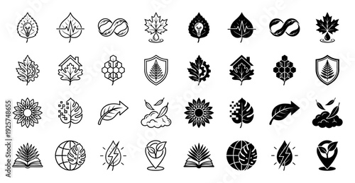 Set of hybrid botanical icons merging organic leaf shapes with conceptual symbols including lightbulb heartbeat infinity shield and gear in outline and solid styles