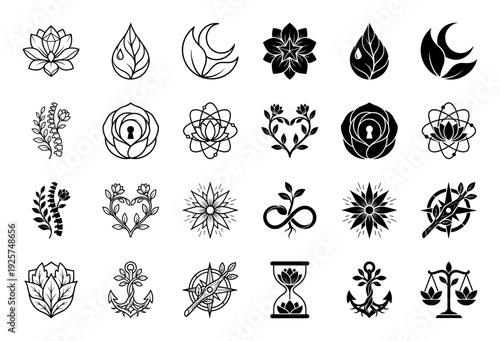 Hybrid mystical emblem collection featuring organic botanical elements merged with celestial moon geometric atom and metaphysical spiritual symbol