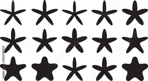 Fifteen black silhouette starfish arranged in three rows on a white background marine life