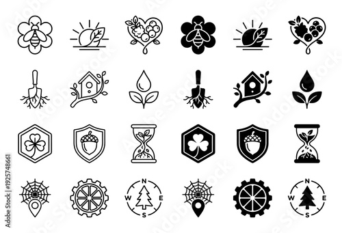 Set of modern nature and conservation icons featuring hybrid symbols like a bee flower sunrise leaf and acorn shield in outline and solid styles