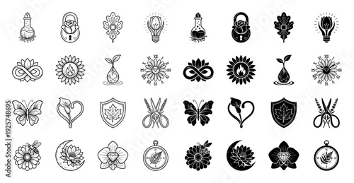 Collection of botanical hybrid icons featuring creative merges of nature and conceptual objects in minimalist black and white line art and solid styles