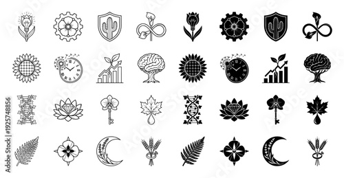 Hybrid nature icons featuring botanical symbols merged with abstract conceptual metaphors like clock dandelion brain tree and lightbulb flower