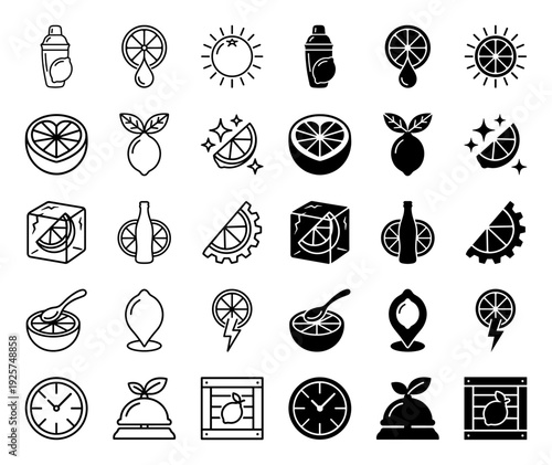 Citrus fruit hybrid icon collection featuring lemon and lime integrated with beverage shaker clock ice cube and lightning bolt symbols in linear and solid styles