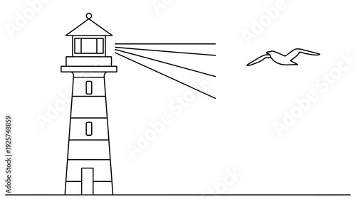 A stark black and white illustration of a lighthouse with a beam and a bird in flight