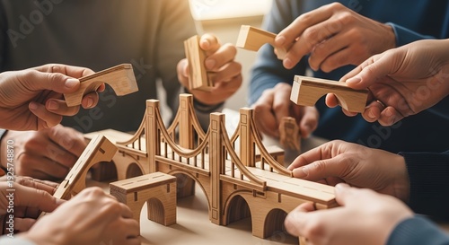 Hands building a wooden bridge model together