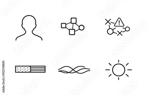 Data Balance Icons. Line vector icons of an avatar composed of clean and “contaminated” data (data-balance persona): profile