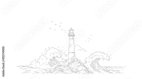 A grayscale line drawing of a lighthouse standing on rocks amid large waves. Birds fly overhead
