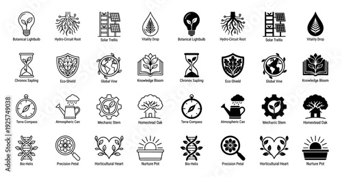 Collection of hybrid nature icons merging organic botanical elements with mechanical symbols like gears clocks lightbulbs and scientific tools