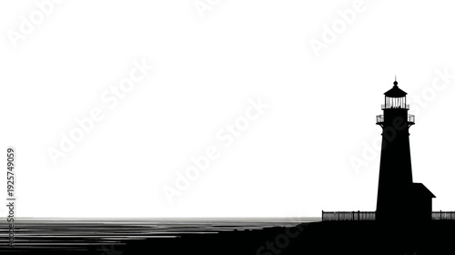 A silhouette of a lighthouse stands on a small island, with water and sky in grayscale