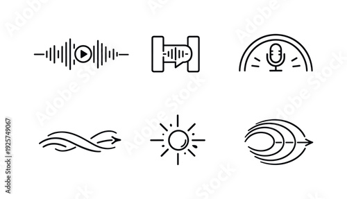 Audio Cue Icons. Line vector icons of an audio spot inserted into your podcast pause on a needed topic (targeted audio cue): sound