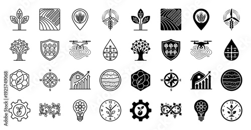 Sustainable agriculture and smart farming icons featuring hybrid designs like circuit leaf trees wind turbine wheat and drone topographic maps