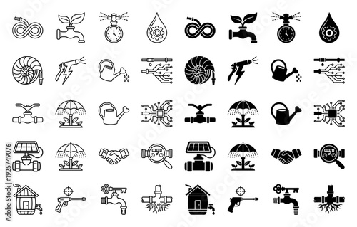 Hybrid irrigation and water management icon set featuring conceptual merges of plumbing fixtures with organic growth and smart technology symbols