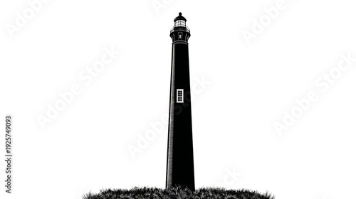 Tall, black and white depiction of a lighthouse, standing on grassy ground