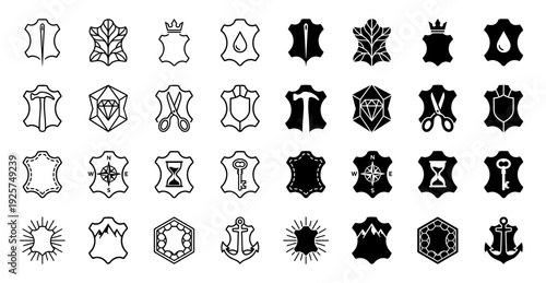 Handcrafted leather craft icon set merging hide silhouettes with professional tools like needle hammer scissors and anchor in outline and solid styles