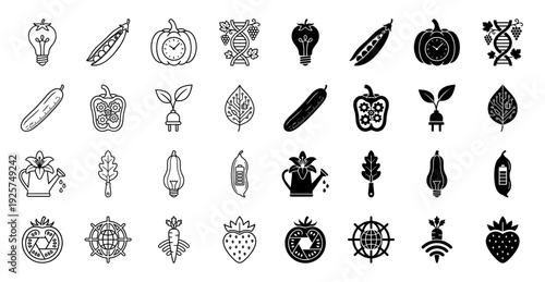 Collection of hybrid vegetable and fruit icons merging organic nature with technology symbols like lightbulbs gears battery and circuit boards
