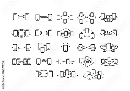 Line style icons of mesh-link smartphones: signal relay phone, device-to-device beam, shared node point, mesh grid arc,