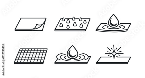 Line vector icons of solar-panel film with lotus-leaf nanostructure (water-repel film): panel film outline, scattered nano bumps,