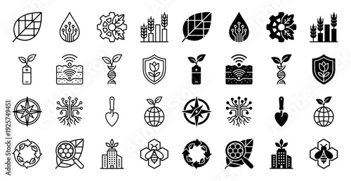 Biotechnology and sustainable agriculture icon set featuring hybrid symbols of nature integrated with digital circuits and renewable energy elements