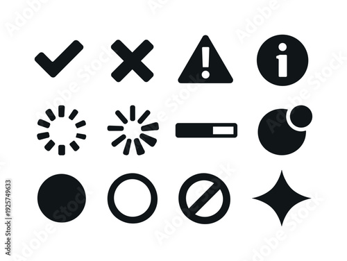 Solid vector icons of status and feedback iconography: successcheck, errorcross, warningtriangle, infocircle, loading, spinner,