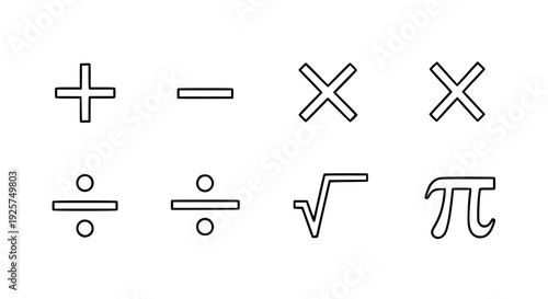 Math symbols icon set vector, plus minus multiply divide, square root, pi symbol, clean line style, monochrome design, isolated on white background, minimal flat icons
