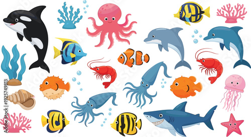 Cute cartoon sea creatures collection with orca, octopus, dolphin, fish, jellyfish, squid, shrimp, starfish, and coral reef vector illustration set.