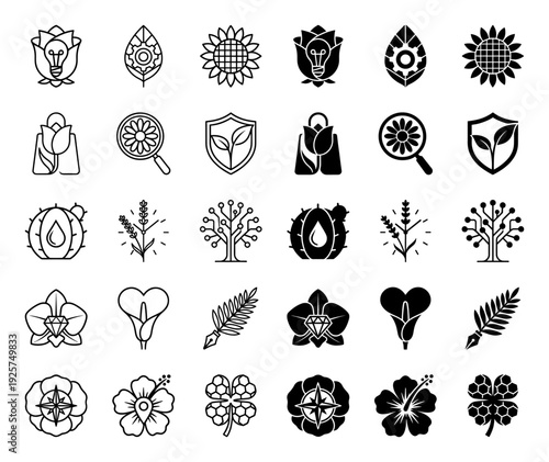 Collection of hybrid floral icons merging botanical elements with functional symbols like lightbulbs gears and compasses in outline and solid styles