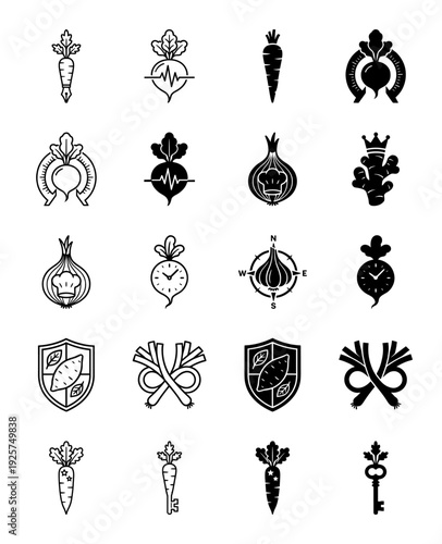 Collection of hybrid root vegetable icons merging organic produce like carrots and radishes with conceptual symbols like clocks keys and compasses