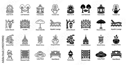 Hybrid garden icon set featuring creative furniture and outdoor landscaping elements in line and solid silhouette styles for modern exterior design
