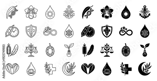 Collection of hybrid botanical and medicinal symbols merging nature with science featuring DNA helix leaves anchor roots and lab flask flowers