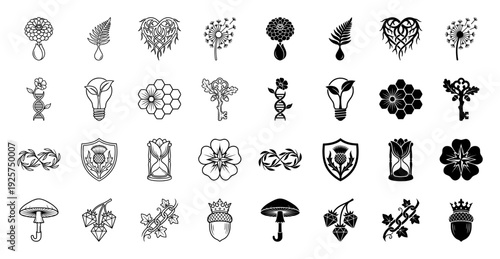Collection of hybrid nature icons combining organic flora with symbolic objects including dna helix flower bulb sprout and crown acorn in line and solid style