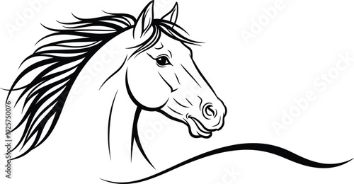 Elegant horse head profile line art vector illustration with flowing mane, minimalist equestrian animal design isolated on white background template.