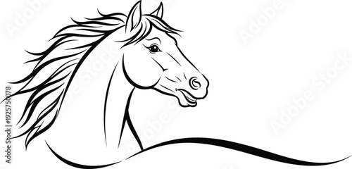 Elegant horse head profile line art vector illustration with flowing mane, minimalist equestrian animal design isolated on white background template.
