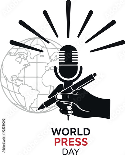 World Press Freedom Day Illustration with Hand Holding Pen and Microphone over Globe Background