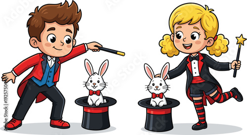 Cute boy and girl magician characters performing magic tricks with wands and rabbits in top hats vector illustration for kids.