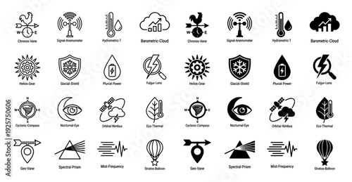 Hybrid meteorological and scientific research icons featuring weather monitoring instruments merged with celestial elements and data analysis symbols in linear and solid styles