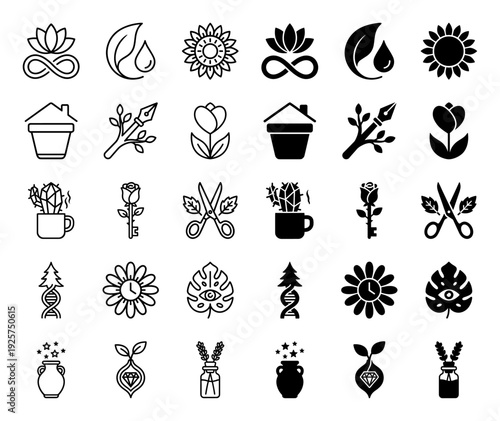 Abstract botanical hybrid icon set featuring creative fusions like rose key, sunflower clock, dna tree, and diamond root in line and solid style