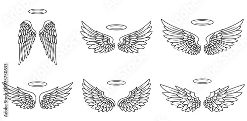 Angel wings with halos set divine feathered designs heavenly symbol art spiritual graphic collection angelic