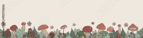 Hand drawn woodland border with mushrooms, beetles, leaves and berries in soft earthy tones. Vector illustration perfect for autumn designs, nursery decor, textile prints and cozy forest projects.