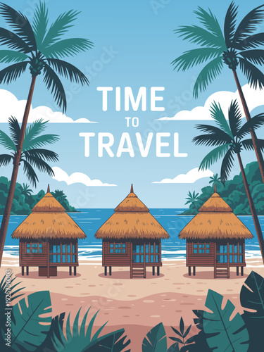 Thatched Bungalows Beach Poster, Featuring Three Identical Brown Wooden Huts with Blue Windows and Natural Palm Thatch Roofs