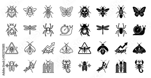 Set of insect hybrid icons merging nature with conceptual symbols featuring bug shield bee honeycomb spider target and grasshopper growth arrow