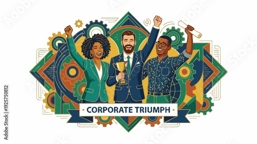 Diverse group of professionals celebrating corporate triumph with trophy.