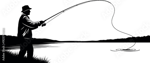 Silhouette of a man fishing by the water with a rod and line