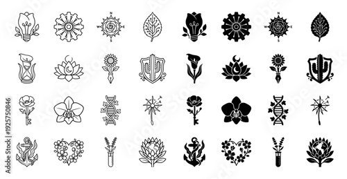 Collection of hybrid botanical and conceptual icons featuring floral elements merged with mechanical tools scientific apparatus and symbolic objects