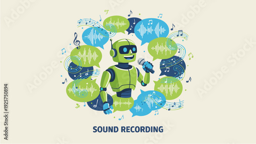 Friendly robot holding microphone for sound recording.