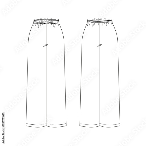 Wide leg pants technical drawing front and back view, pants flat template for womens wear production, pants construction lines for fashion development