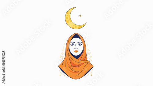 Illustration of a Muslim woman wearing a hijab with a crescent moon above.